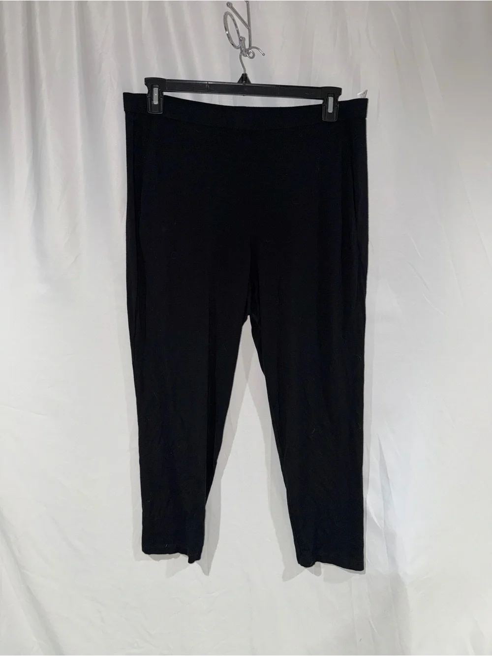 Eileen Fisher Pants Black Stretch Ankle Straight Leg Pull on Work Wear Bottoms L
